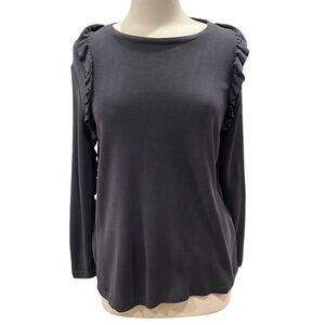 Nwt DREW Ribbed Knit Ruffle Trim Long Sleeve Tee Shirt Faded Black SZ XS